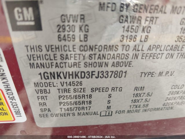 1GNKVHKD3FJ337801 Chevrolet Traverse 2lt