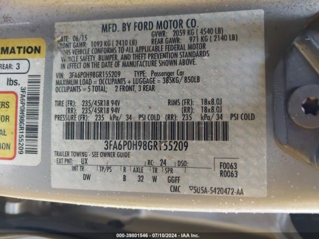 3FA6P0H98GR155209 Ford FUSION SE