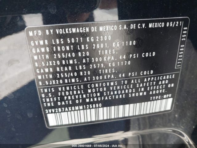 3VV2B7AX8MM125890 Volkswagen Tiguan 2.0t Se/2.0t Se R-line Black/2.0t Sel