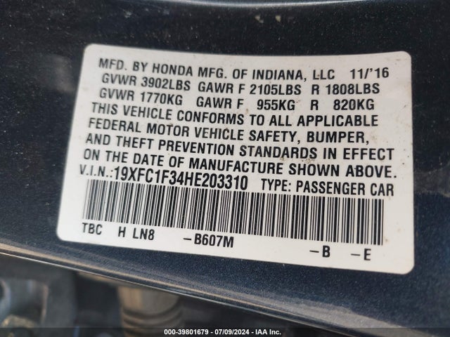 Honda Civic Ex-t 2017 19XFC1F34HE203310 Image 9