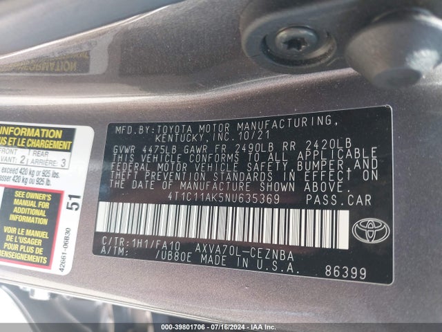 Toyota CAMRY LE 2022 4T1C11AK5NU635369 Image 9