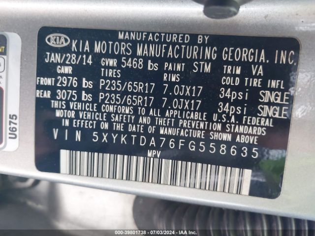 5XYKTDA76FG558635 KIA Sorento Lx V6