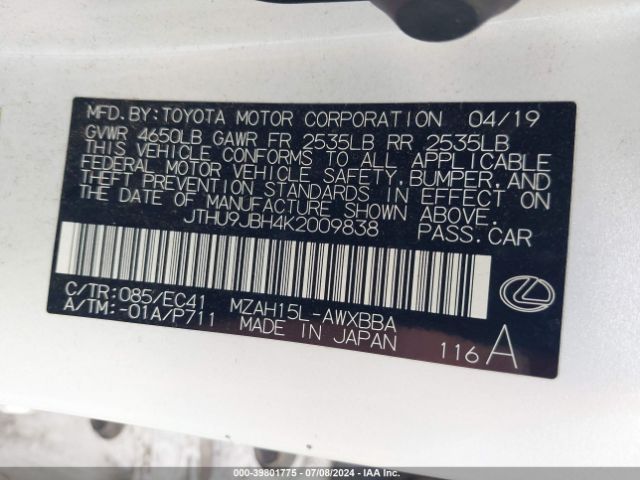 JTHU9JBH4K2009838 Lexus UX 250H