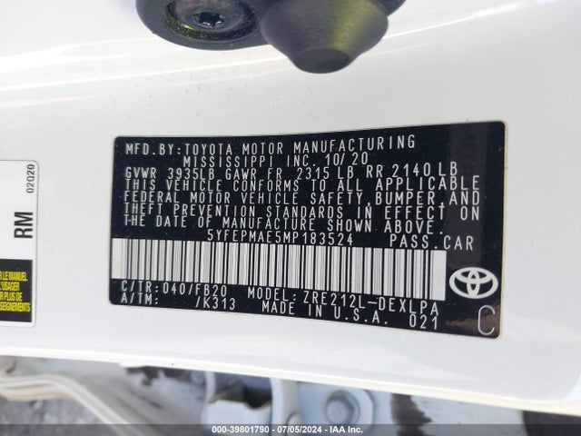 Toyota COROLLA LE 2021 5YFEPMAE5MP183524 Image 9