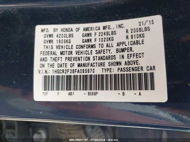 Honda ACCORD LX 2015 1HGCR2F36FA095670 Image 9