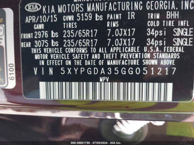 5XYPGDA35GG051217 KIA Sorento 2.4l Lx