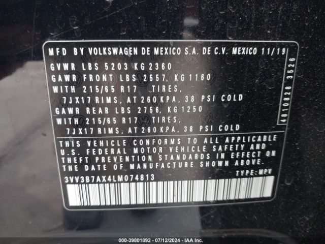 3VV3B7AX4LM074813 Volkswagen Tiguan 2.0t Se/2.0t Se R-line Black/2.0t Sel