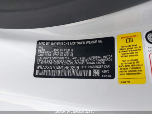 WBA23AT04NCH69298 BMW 430I