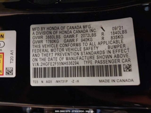 2022 HONDA CIVIC 2HGFE2F55NH536294 Photo 8