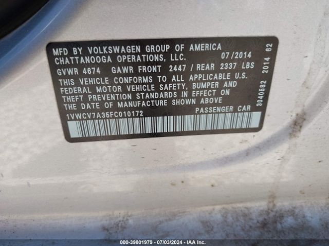 1VWCV7A35FC010172 Volkswagen Passat 2.0l Tdi Sel Premium