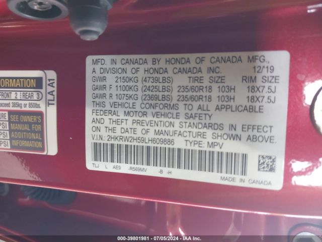 2HKRW2H59LH609886 Honda Cr-v Awd Ex