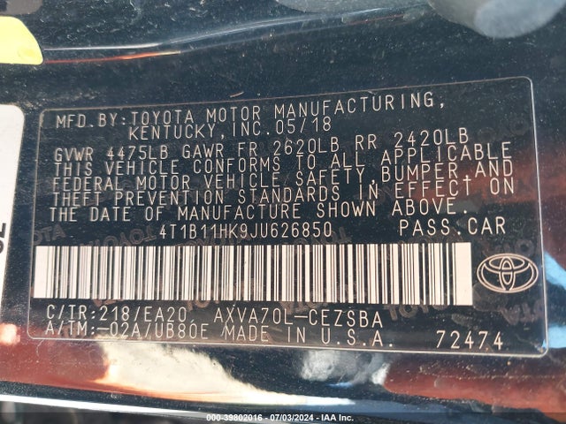 Toyota CAMRY SE 2018 4T1B11HK9JU626850 Image 9
