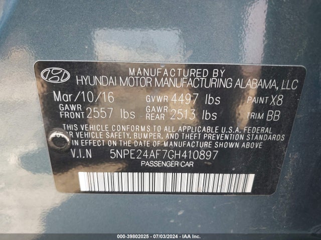 Hyundai SONATA SE 2016 5NPE24AF7GH410897 Image 9
