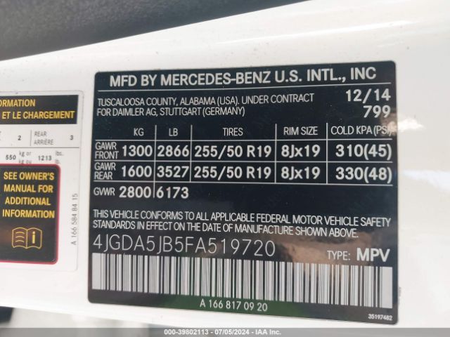 4JGDA5JB5FA519720 Mercedes-Benz ML 350