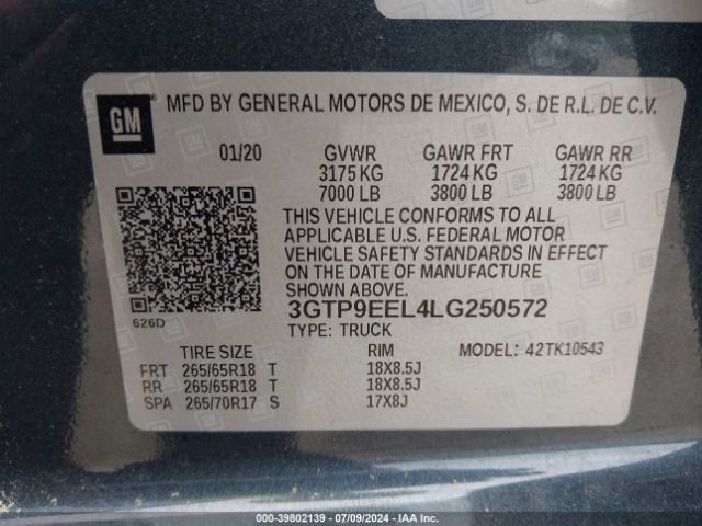 3GTP9EEL4LG250572 GMC Sierra 1500 4wd  Short Box At4
