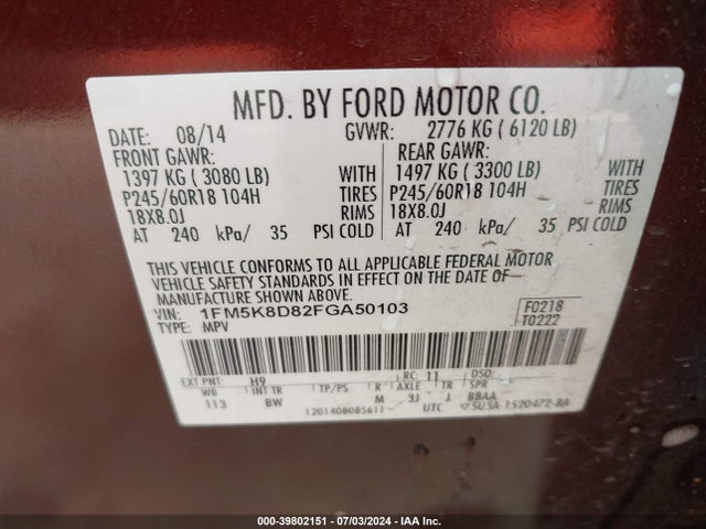 Ford EXPLORER XLT 2015 1FM5K8D82FGA50103 Image 9