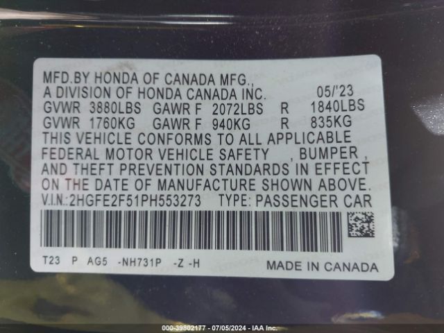2HGFE2F51PH553273 Honda Civic Sport