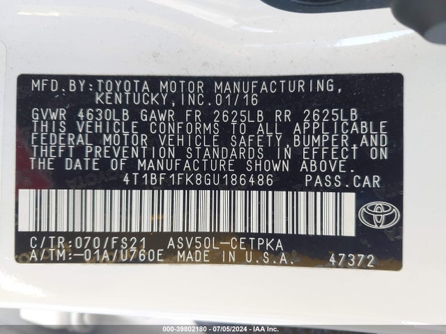 Toyota CAMRY SE 2016 4T1BF1FK8GU186486 Image 9