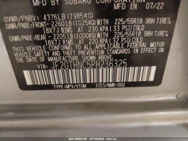 JF2GTHNC5PH236325 Subaru Crosstrek Limited