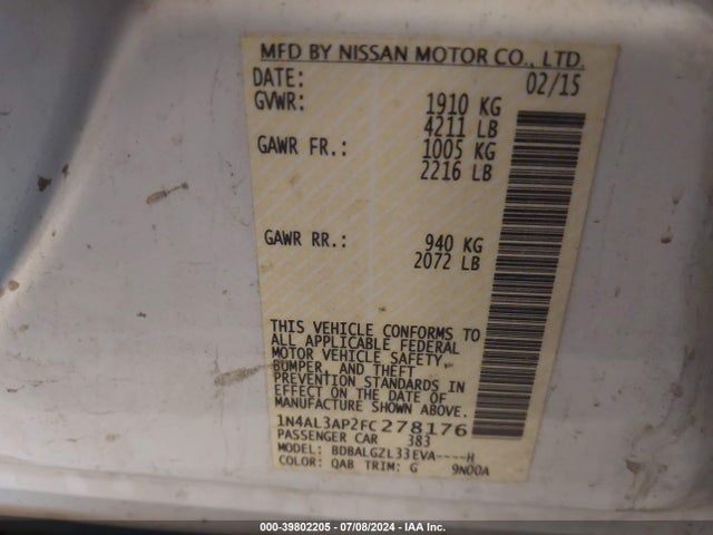 Nissan Altima 2.5 S 2015 1N4AL3AP2FC278176 Image 9
