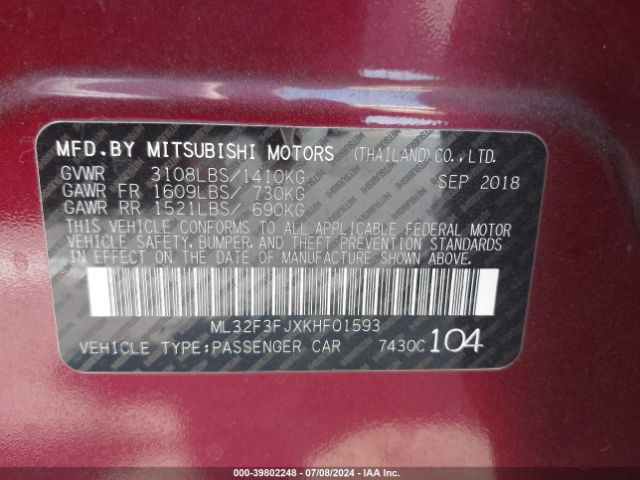 ML32F3FJXKHF01593 Mitsubishi Mirage G4 Es