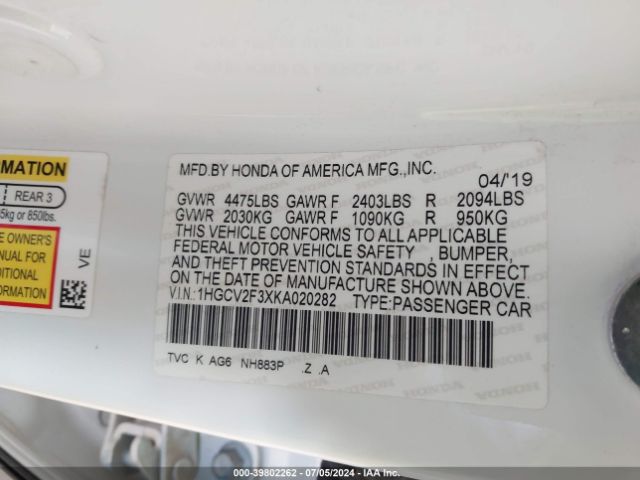1HGCV2F3XKA020282 Honda Accord Sport 2.0t