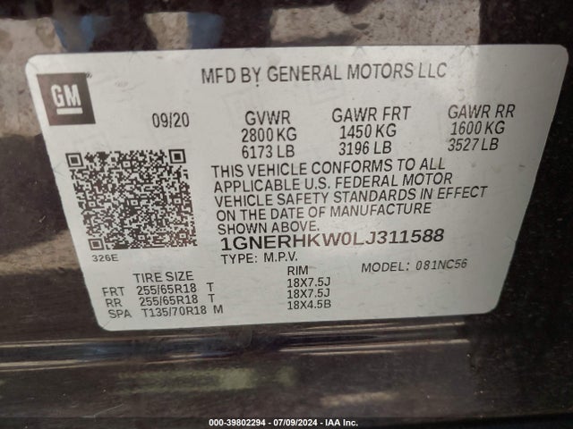 Chevrolet Traverse Lt Leather 2020 1GNERHKW0LJ311588 Image 9