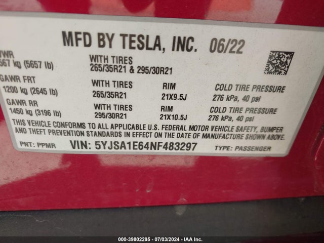 5YJSA1E64NF483297 Tesla Model S Plaid Tri Motor All-wheel Drive