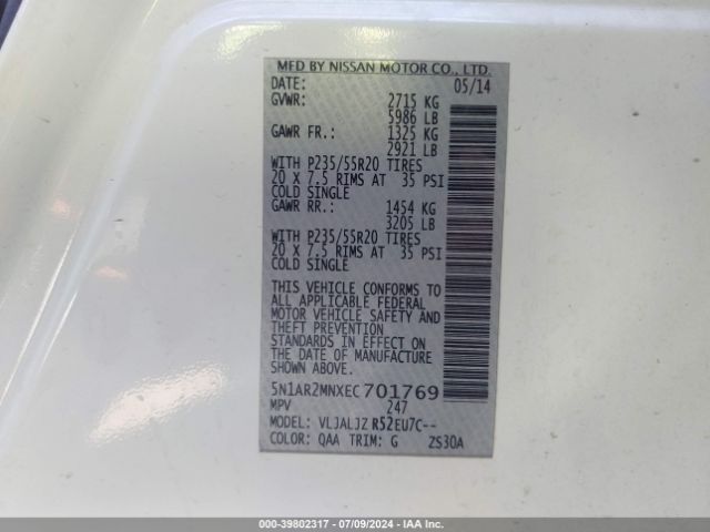 5N1AR2MNXEC701769 Nissan Pathfinder Platinum
