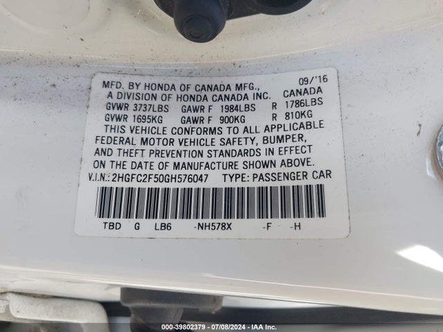 Honda Civic Lx 2016 2HGFC2F50GH576047 Image 9