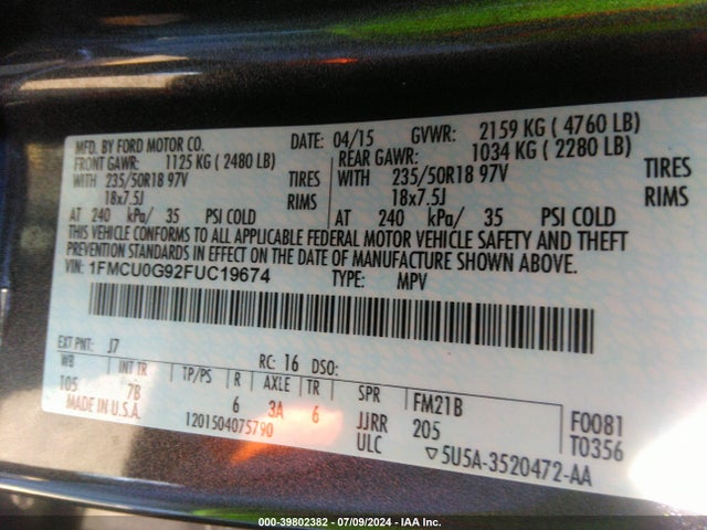 Ford ESCAPE SE 2015 1FMCU0G92FUC19674 Image 9