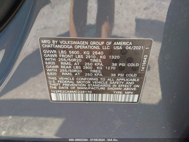 1V2PE2CA9MC226170 Volkswagen Atlas Cross Sport 3.6l V6 Se W/technology R-line