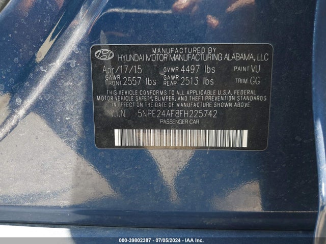 Hyundai SONATA SE 2015 5NPE24AF8FH225742 Image 9