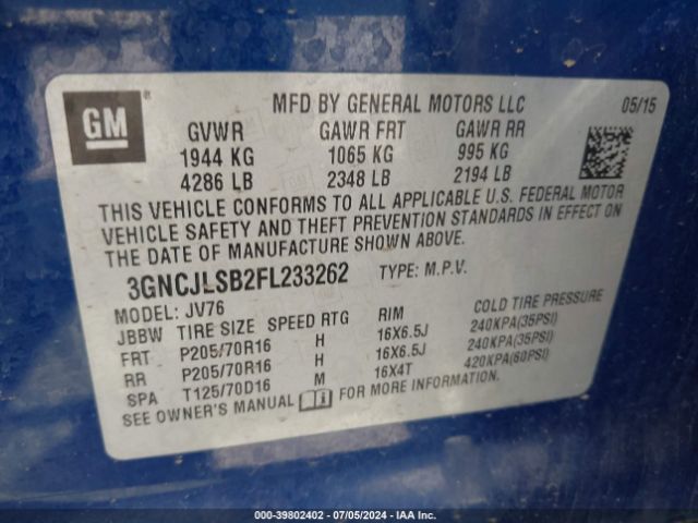 3GNCJLSB2FL233262 Chevrolet Trax Lt