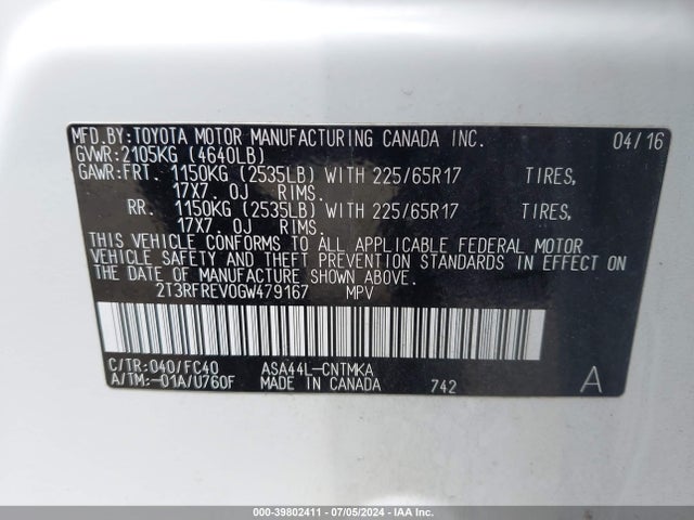 Toyota Rav4 Xle 2016 2T3RFREV0GW479167 Image 9