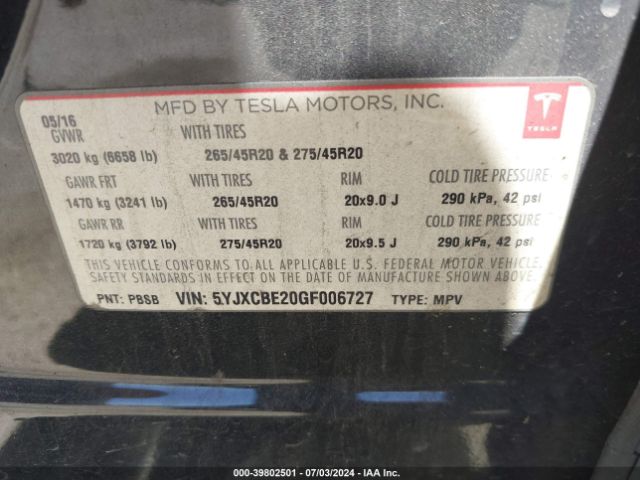 5YJXCBE20GF006727 Tesla Model X 60d/70d/75d/90d/p100d