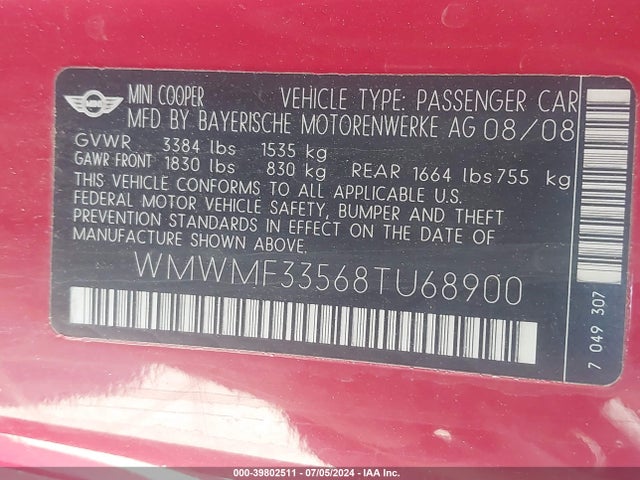 2008 MINI COOPER WMWMF33568TU68900 Photo 8