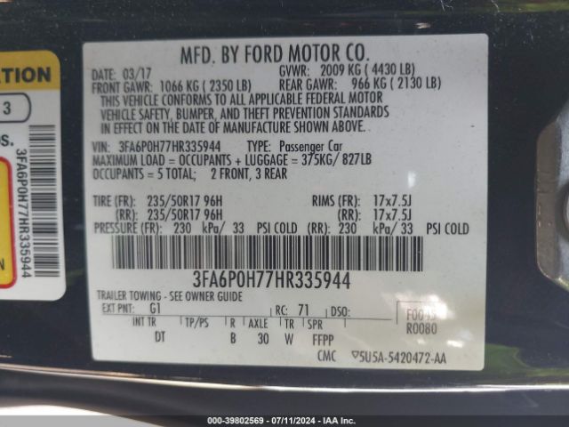 3FA6P0H77HR335944 Ford FUSION SE