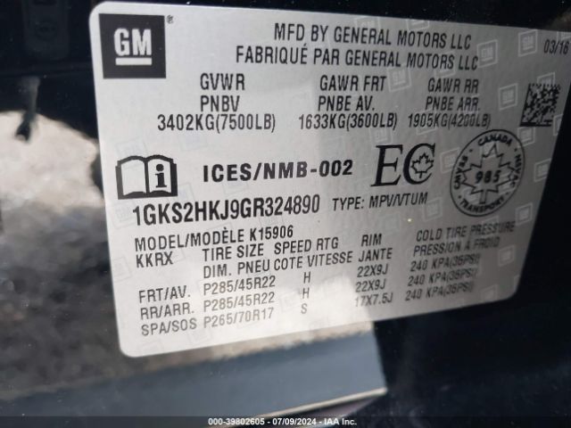 1GKS2HKJ9GR324890 GMC YUKON XL DENALI
