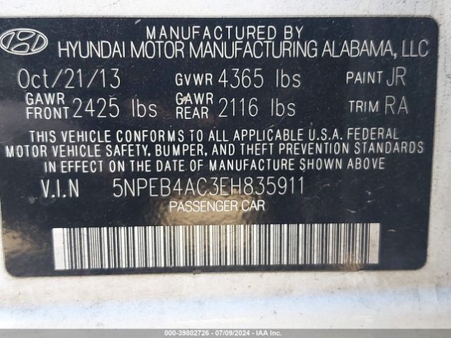 5NPEB4AC3EH835911 Hyundai SONATA GLS