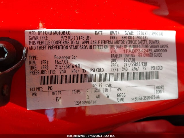 Ford FOCUS SE 2014 1FADP3K24EL400099 Image 9