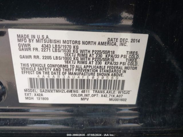 4A4AR3AU4FE020589 Mitsubishi Outlander Sport Es