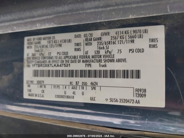 1FTBR3X87LKA47501 Ford Transit-250 Cargo Van
