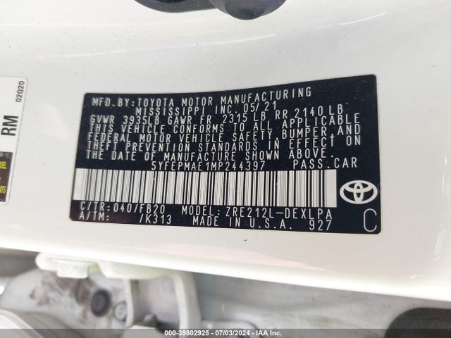 Toyota COROLLA LE 2021 5YFEPMAE1MP244397 Image 9