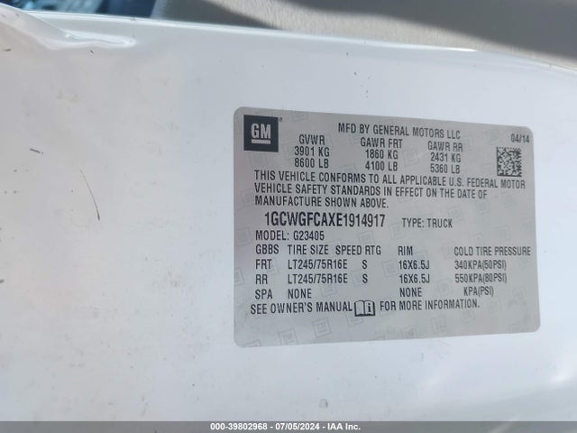Chevrolet Express 2500 Work Van 2014 1GCWGFCAXE1914917 Image 9