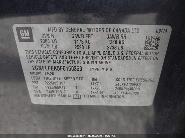 Chevrolet EQUINOX 1LT 2015 2GNFLFEK5F6160350 Image 9