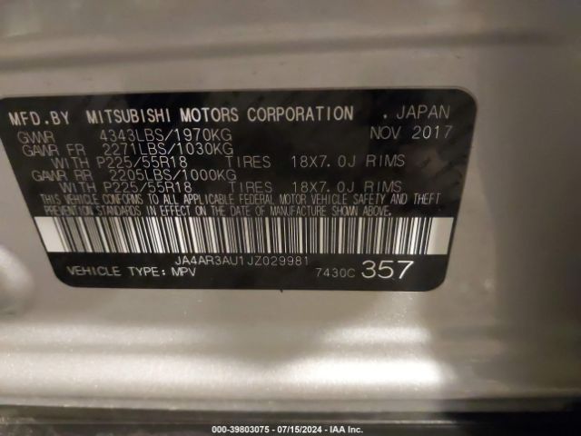 JA4AR3AU1JZ029981 Mitsubishi Outlander Sport 2.0 Le