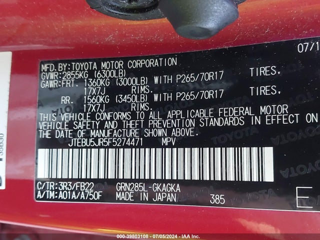 Toyota 4RUNNER SR5 2015 JTEBU5JR5F5274471 Image 9
