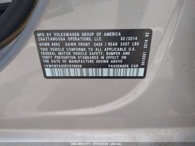 1VWCN7A32EC076838 Volkswagen Passat 2.0l Tdi Sel Premium