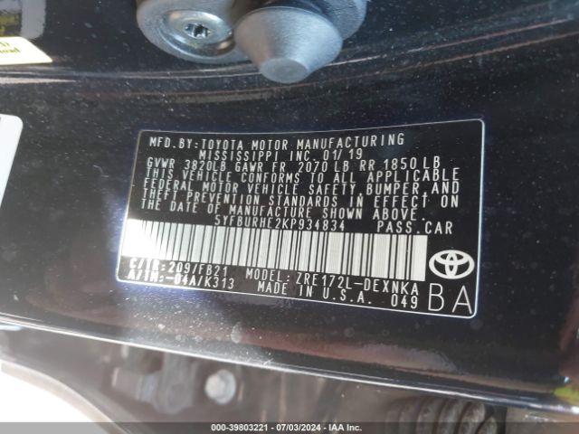 5YFBURHE2KP934834 Toyota COROLLA LE